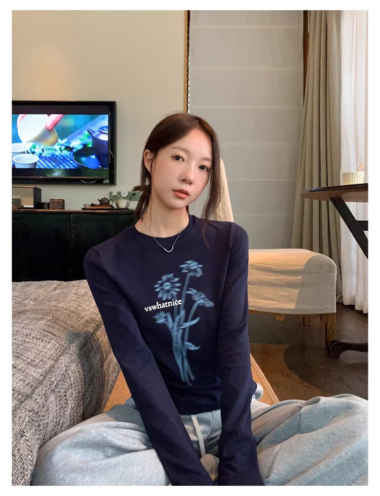 ICH MODE Floral Print Short Sleeve T-Shirt Women Spring Autumn New Korean Style Beautiful Shoulder Tee Navy Blue S 22