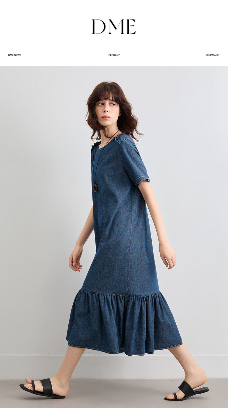 Demana Natural Cloud Oxygen Cotton Summer Vintage Casual Washed Round Neck Ruffle A-Line Slimming Women's Denim Dress 1
