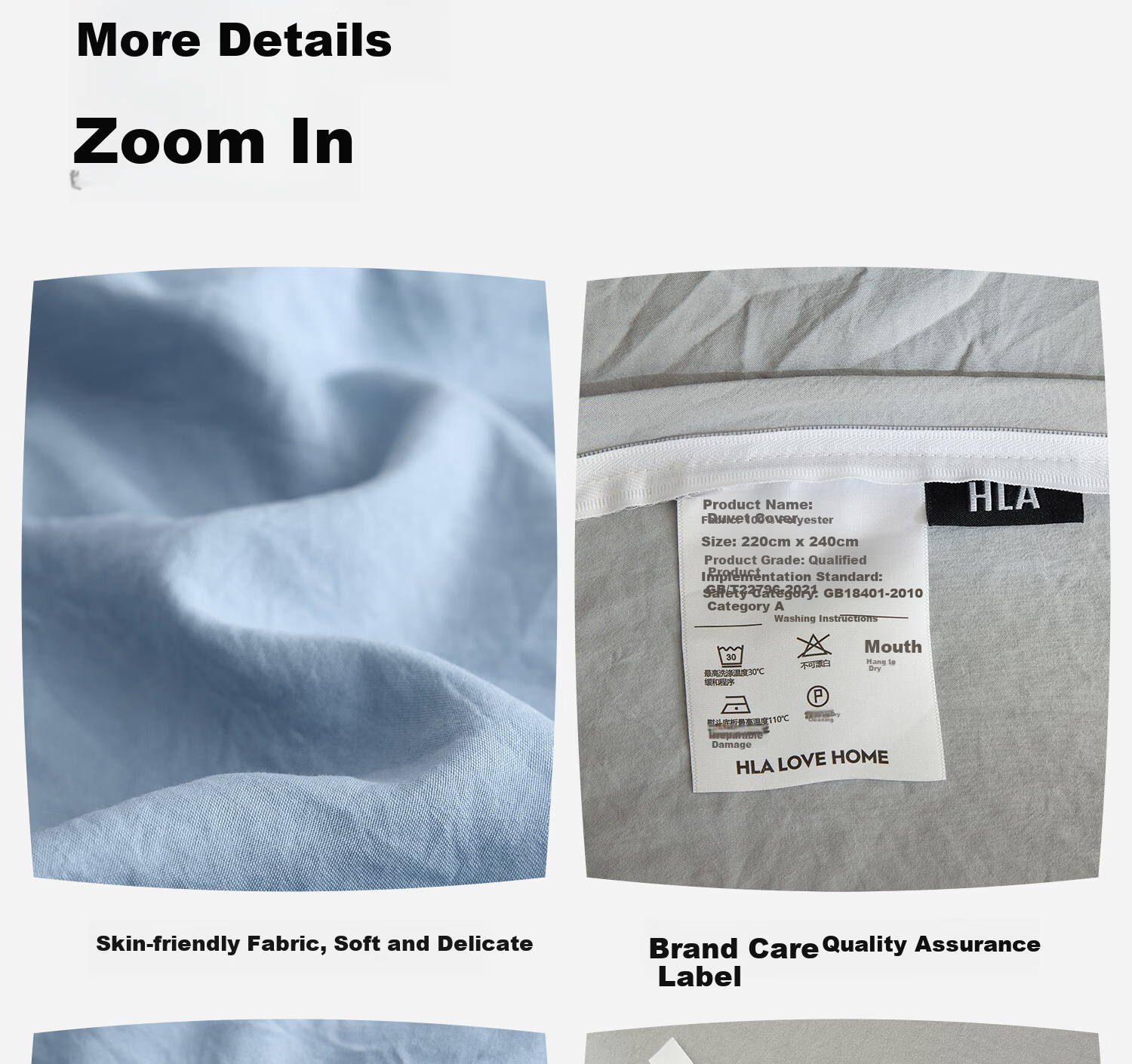 HLA Class A Antibacterial Washable Cotton Duvet Cover 1.5m x 2m Single Piece Bedding Skin-friendly Duvet Cover Sky Blue + Light Gray 16