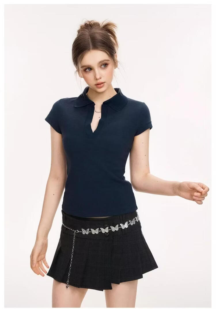 ICH MODE Vintage Polo Collar Short Sleeve T-Shirt Women 2026 Summer New Slim Fit Cropped Top White L 11