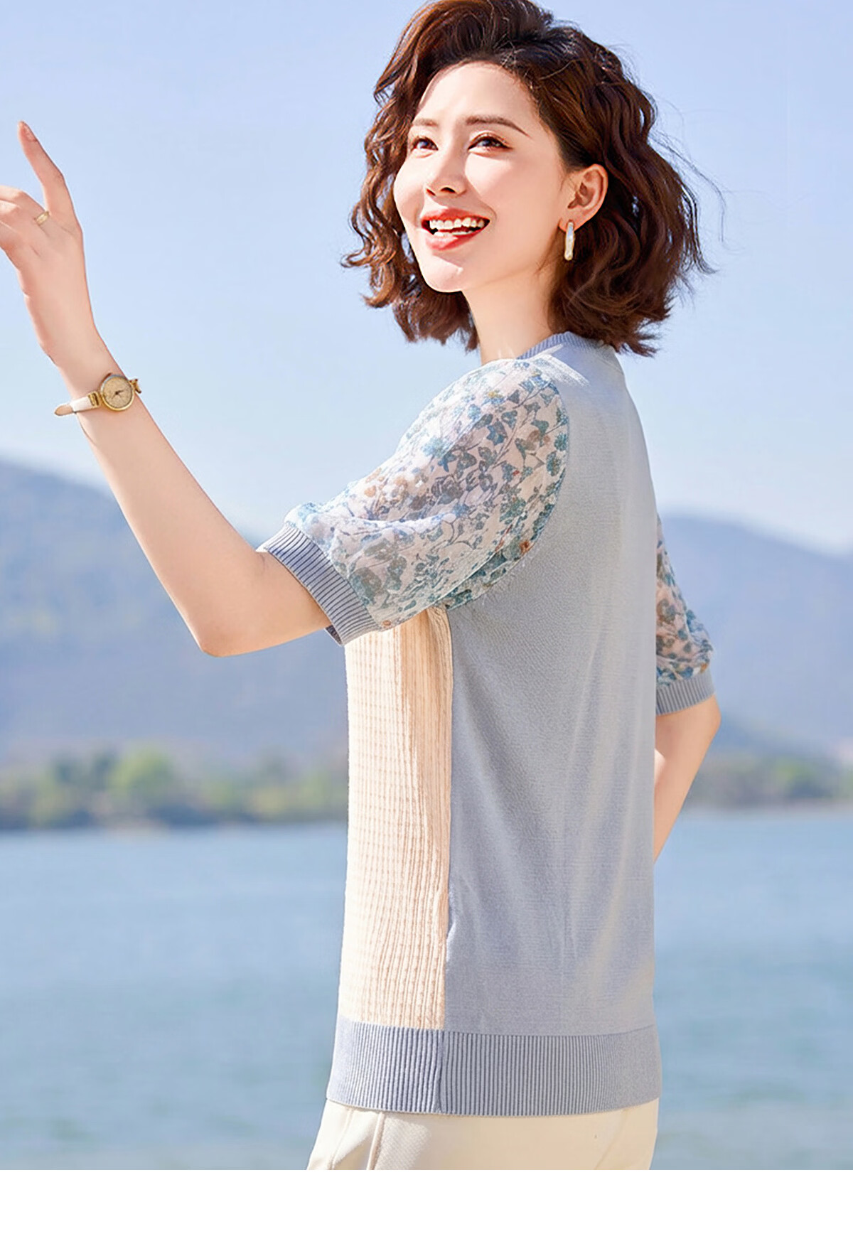 Yuzhaolin Summer Middle-Aged and Elderly Women's Mid-Sleeve Knitted Chiffon T-Shirt for Moms Age 40-50 Y52T160 9