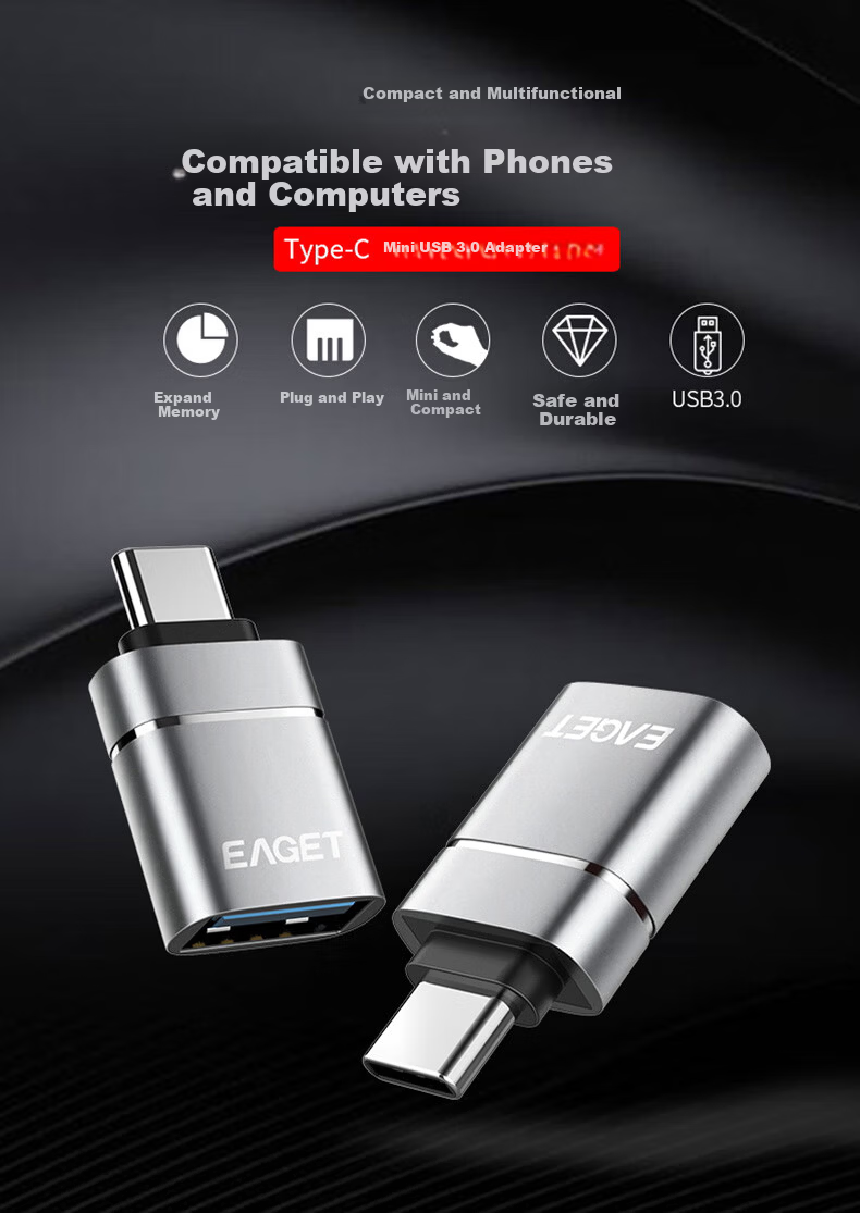 EAGET USB 3.0 EZ05 Type-C Adapter USB Flash Drive Connector Full Metal Gray External USB Drive Mouse Keyboard Adapter for Phones 1