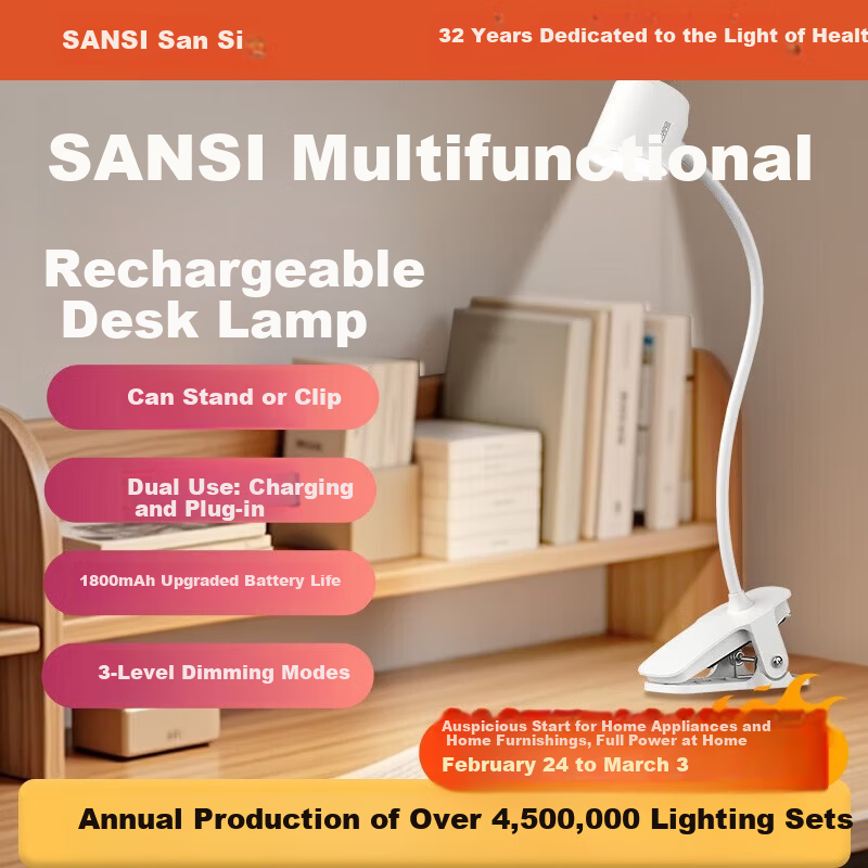 Sansi LED Desk Lamp Eye Protection Study Lamp Bedside Lamp Bedroom Dormitory Reading Clip Light Dual Use 4W