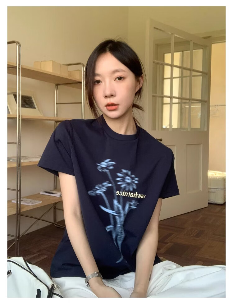 ICH MODE Floral Print Short Sleeve T-Shirt Women Spring Autumn New Korean Style Beautiful Shoulder Tee Navy Blue S 12
