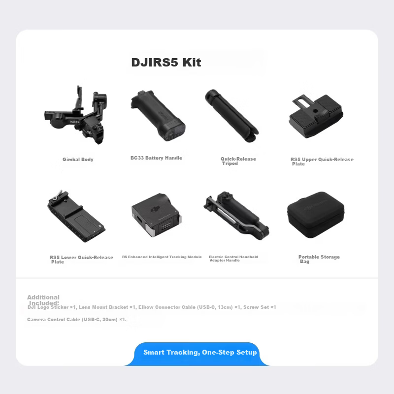 DJI RS 5 Combo Handheld Gimbal Stabilizer Professional Intelligent Tracking Camera Stabilizer 3kg Load Lightweight Mirrorless Camera Gimbal for Commercial Shooting