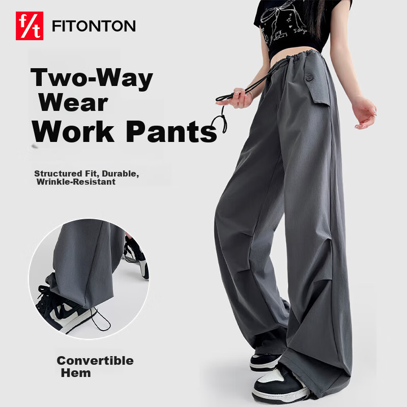 FitonTon Women's Work Pants 2025 Autumn Winter New Drawstring Pleated High Waist Loose Casual Draped Straight-Leg Pants