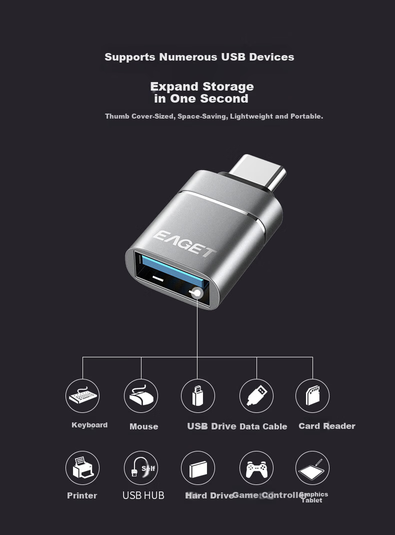 EAGET USB 3.0 EZ05 Type-C Adapter USB Flash Drive Connector Full Metal Gray External USB Drive Mouse Keyboard Adapter for Phones 4