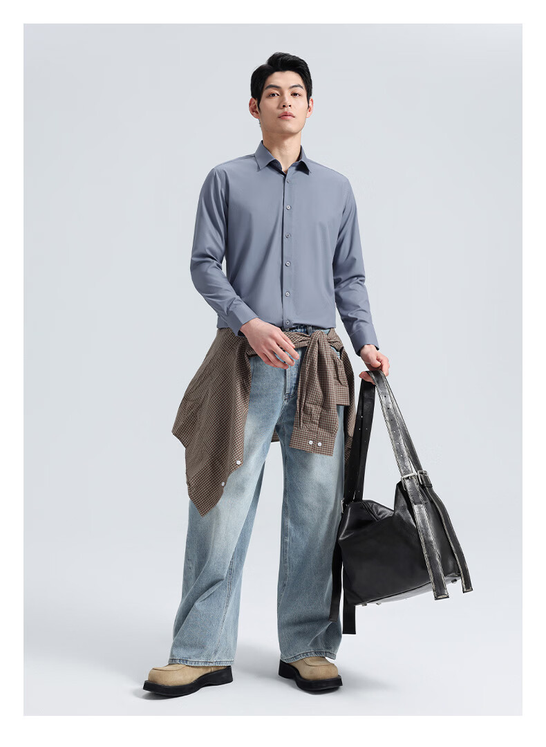 ROMON Men's Long Sleeve Shirt Spring and Autumn Business Bamboo Fiber Solid Color Work Shirt C301 18