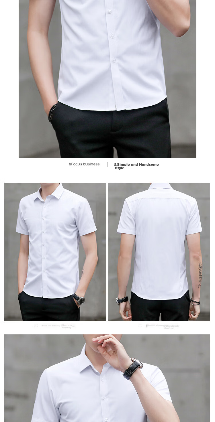 Woodpecker Plain Solid Color Men's Summer Business Wrinkle-Free Dress Shirt Suit Groomsman Long Sleeve White 41 45