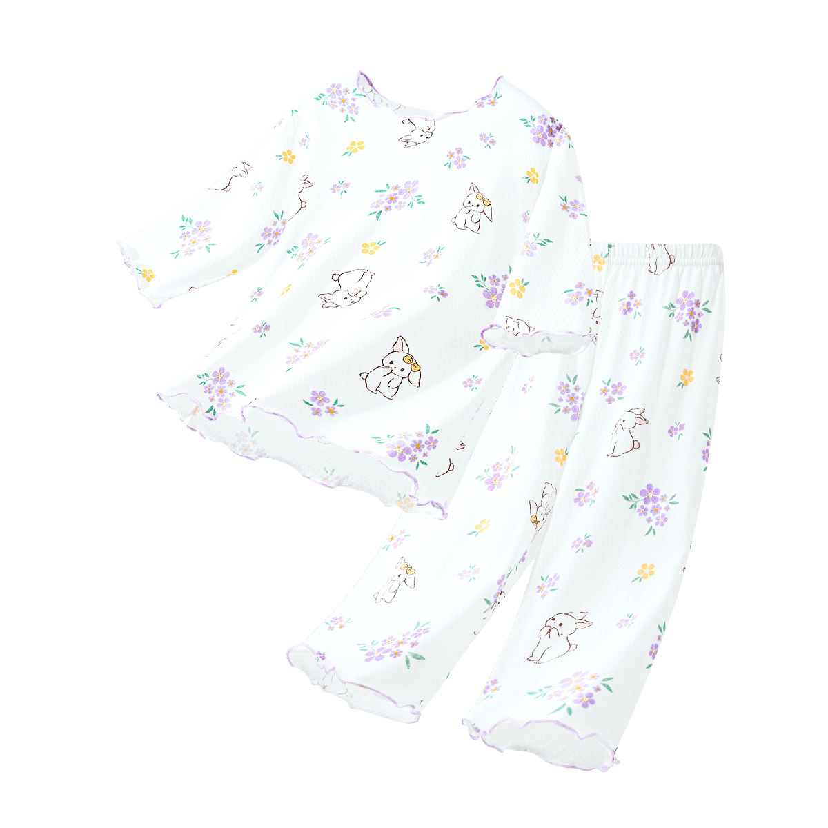 Yiershuang Girls' Summer 3/4 Sleeve Cotton Mesh Pajama Set for Kids, Teens, and Youth