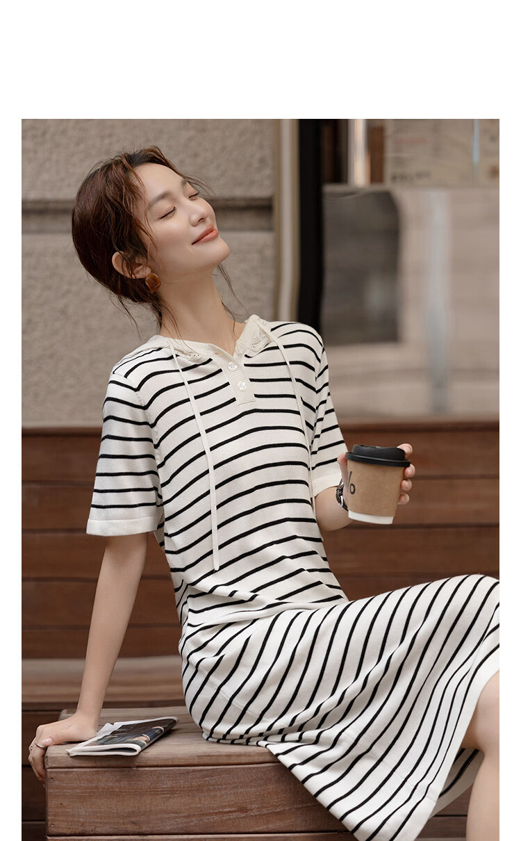 Demana [Wool and Mulberry Silk Blend] Spring Vintage Style Hooded Crochet Stripe Loose Slim Fit Women's Dress 11
