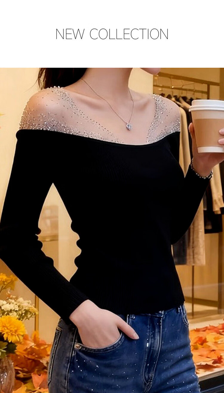 Mt [Galaxy Whisper] Spring Lightweight Sexy Rhinestone V-Neck Mesh Off-Shoulder Slim Fit Premium Women's T-Shirt 1
