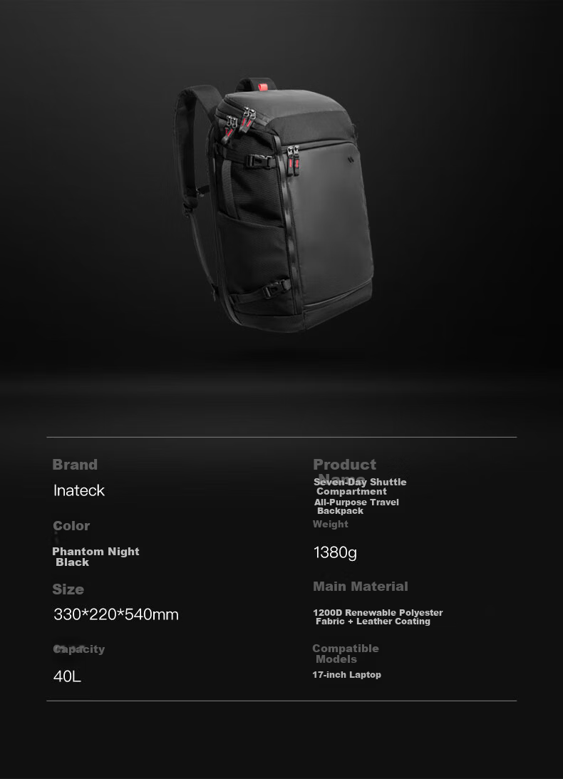 Inateck 40L Large Capacity Travel Backpack Men's Long-Distance Business Trip Dual Shoulder Luggage Bag Black 17