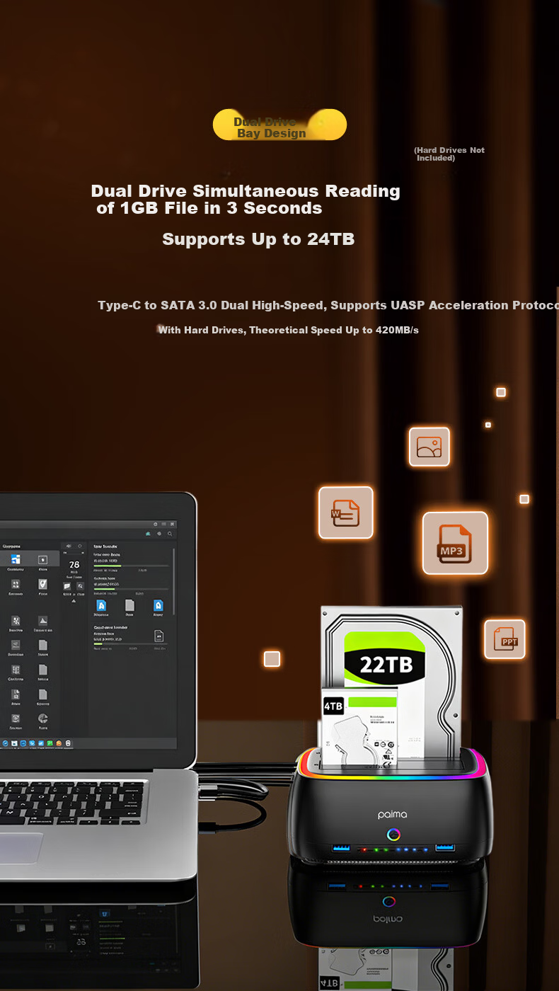 Paima 2.5/3.5 Inch Hard Drive Dock SATA SSD HDD External Enclosure Dual Bay Copy Machine for Laptop Desktop 7