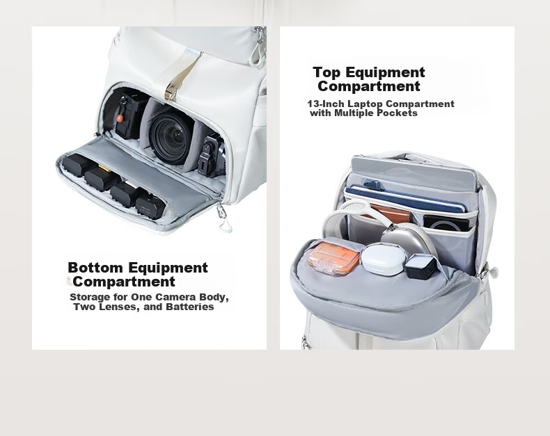 Zhuoer Vitality Series Square Camera Bag Photography Backpack Casual Minimalist Style Top and Bottom Compartments One Camera Two Lenses 15L Pearl White 5