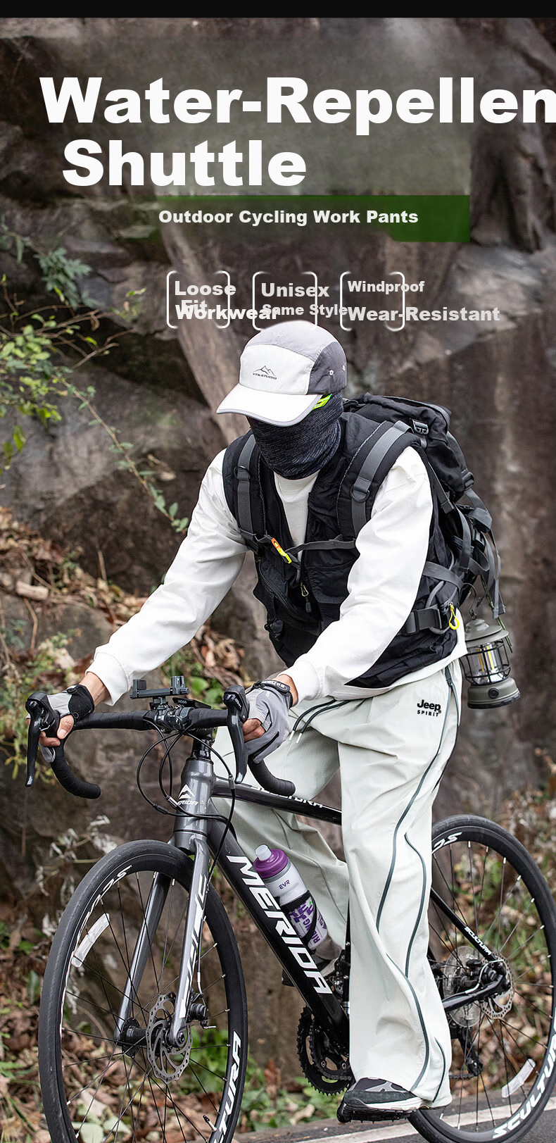 JEEP Men's Spring New Windproof Waterproof American Style Work Pants Skin-friendly Breathable Cycling Pants Cedar Green M 2