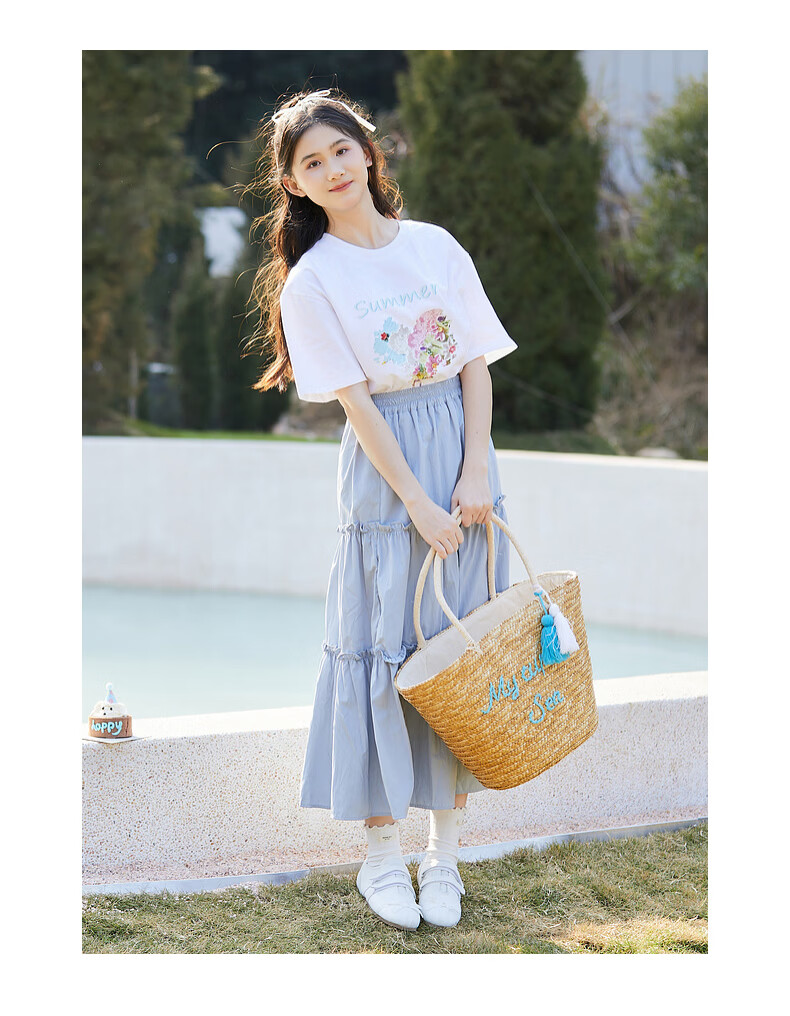 Fulomi Girls' Summer New Fashion Casual Short Sleeve and Skirt Two-Piece Set White/Blue 150cm 11