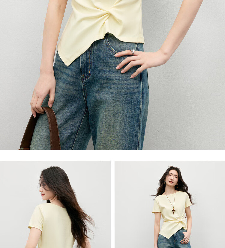 Shangdu Bila Off-Shoulder Pure Cotton T-Shirt Women Spring Summer Twist Knot Irregular Hem Short Sleeve Slimming Top 18