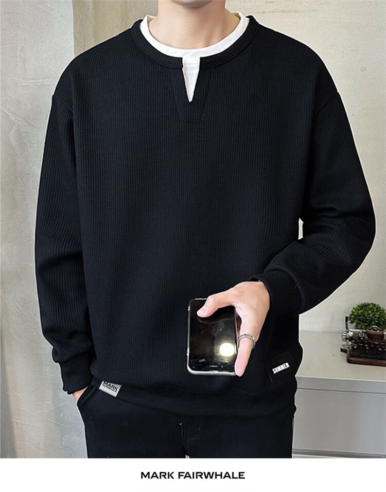 MARK FAIRWHALE Men's Sweatshirt Spring and Autumn Trendy Casual Two-in-One Long Sleeve T-Shirt Jacket Apricot M 7