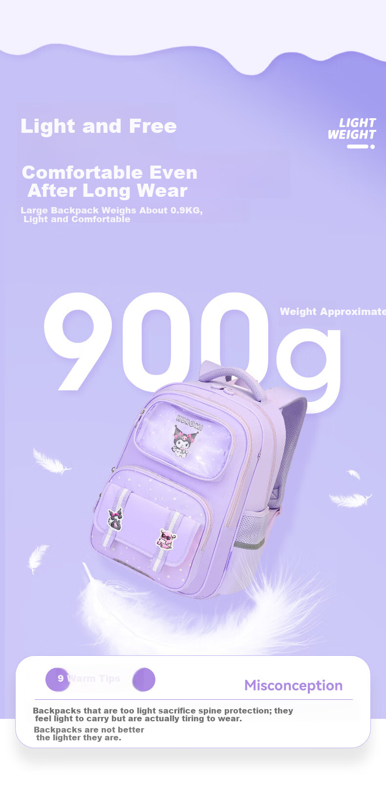 Sunshine 8 O'clock Kuromi School Backpack for Girls, Children's Ergonomic Spine Protection, Lightweight, Grades 1-3-6, High-Value Cute Double Shoulder Bag 8