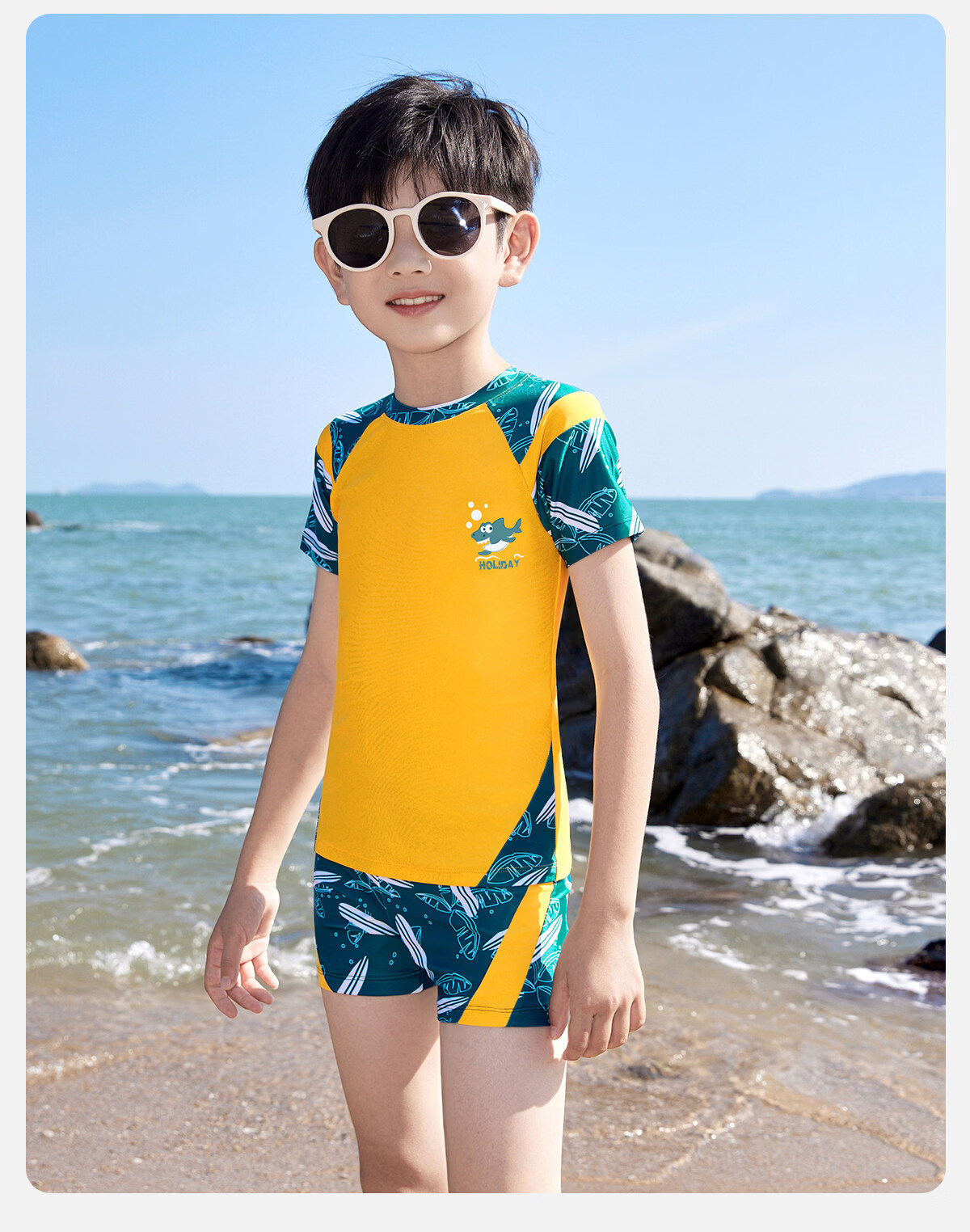 Youyou Kids Boys Short Sleeve Two-Piece Sun Protection Swimwear Professional Training Four-Piece Set 35121 Yellow 5XL 9