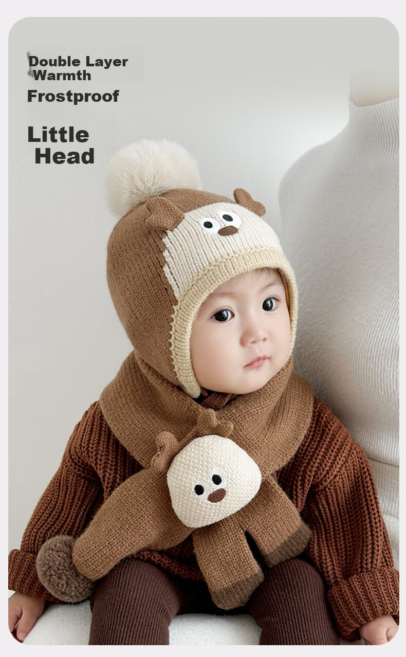 Benaxi Baby Hat Autumn Winter Boys Cute Knitted Hat Infant Winter Wool Hat Outdoor Ear Protection Hat Scarf 9