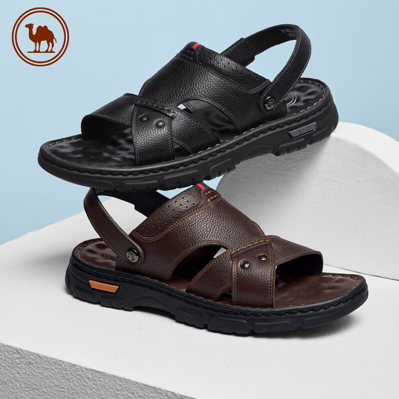 CAMEL Men's Leather Sandals Summer Breathable Casual Beach Shoes Durable P16M211007 Black Size 38