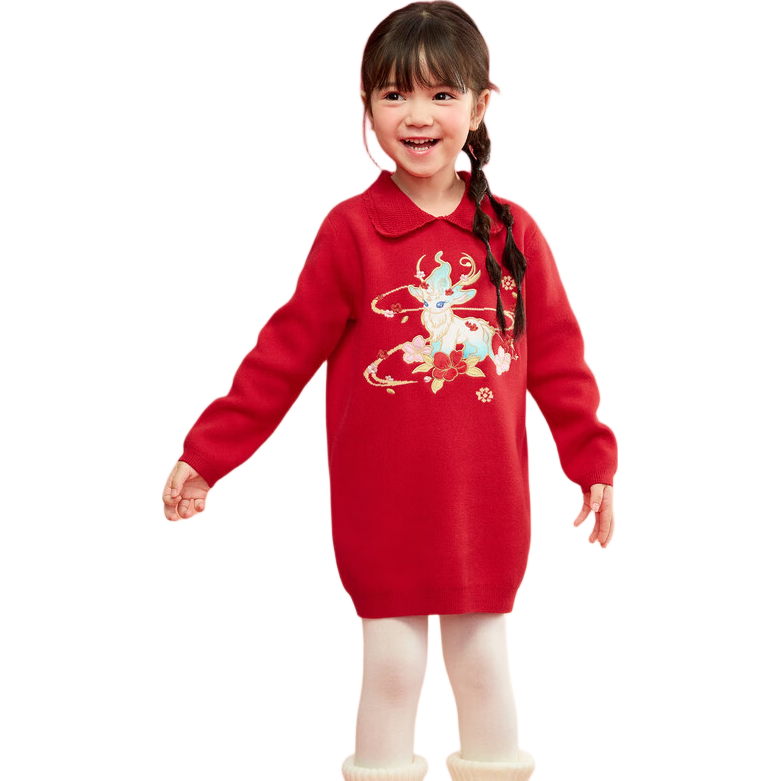 BALABALA Girls' Sweater Dress, Children's Spring Dress, Knitted Red New Year Embroidered Dress, 208125111002