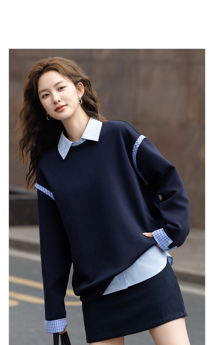 Demana [Comfort Elastic Air Layer] Autumn Simple Embroidered Letter Blueberry Print Loose Slim Sweatshirt for Women High-End Feel 6