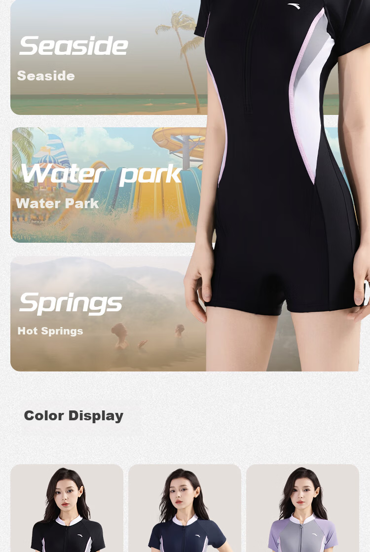 Anta Women's New Short Sleeve One-Piece Swimsuit Slim Fit Conservative Professional Racing Swimwear Purple Gray M 12