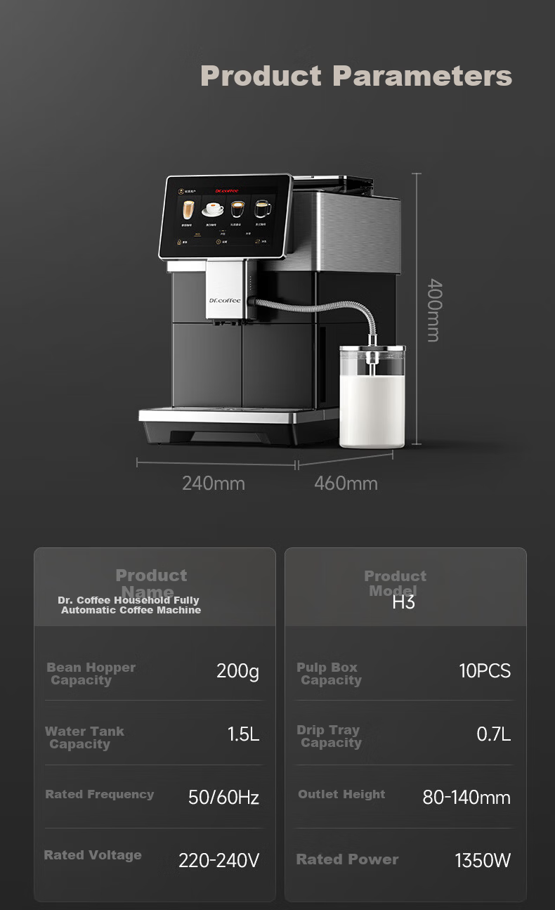Dr.coffee H3 Black Home Fully Automatic Italian Espresso Coffee Machine Small Integrated Grinder One-Touch True Cold Brew Fresh Coffee Hot and Cold Drinks 33