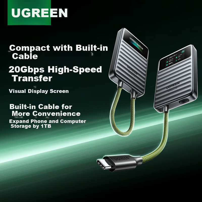 UGREEN Go20 Smart Display Edition 1TB Portable SSD (PSSD) High-Speed 2000MB/s Transfer Compatible with Thunderbolt 4/3 Type-C Integrated Built-in Data Cable