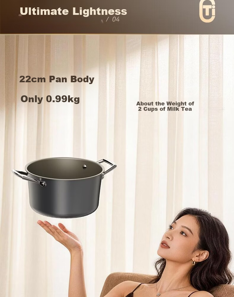 Alluflon Aluflon Pure Titanium Soup Pot Healthy 0-Fluoride Non-Coated Stew Pot Steaming Cooking Induction Gas Stove Compatible 22cm 13