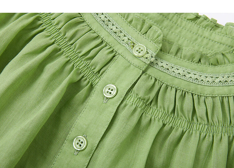 Demana [Ramie Lyocell Blend] Spring Ladies Small Ruffled Round Neck Rubber Shirred Petite Women's Shirt 16