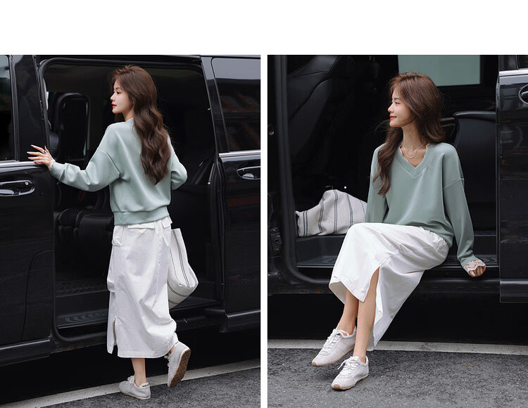 MT Morandi Series Spring Korean Style Air Layer Lace Splice V-Neck Loose Fit Slimming Women's Sweatshirt 9