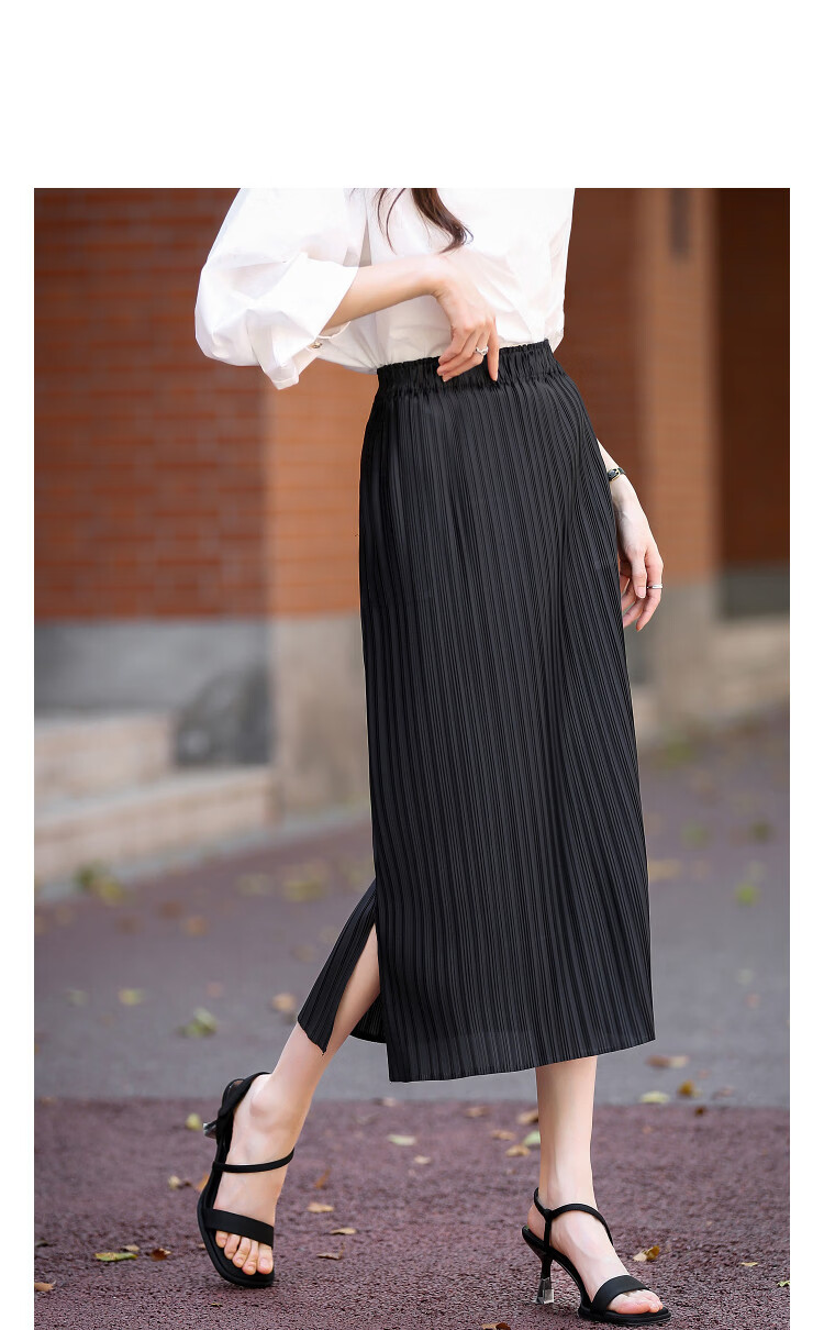 Demana Arc Light Silhouette Spring Autumn Intellectual Style Elastic Waist Pleated Skirt Irregular Print Split Women's Midi Skirt 17