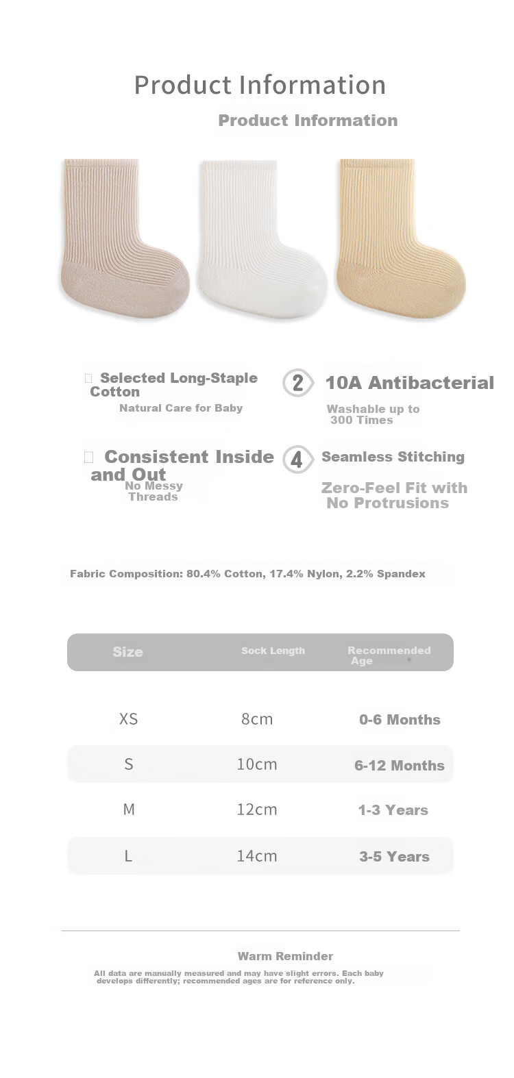 Five Cotton 3-Pair Antibacterial Seamless Baby Socks Unisex Mid-Calf Toddler Right-Angle Socks 2