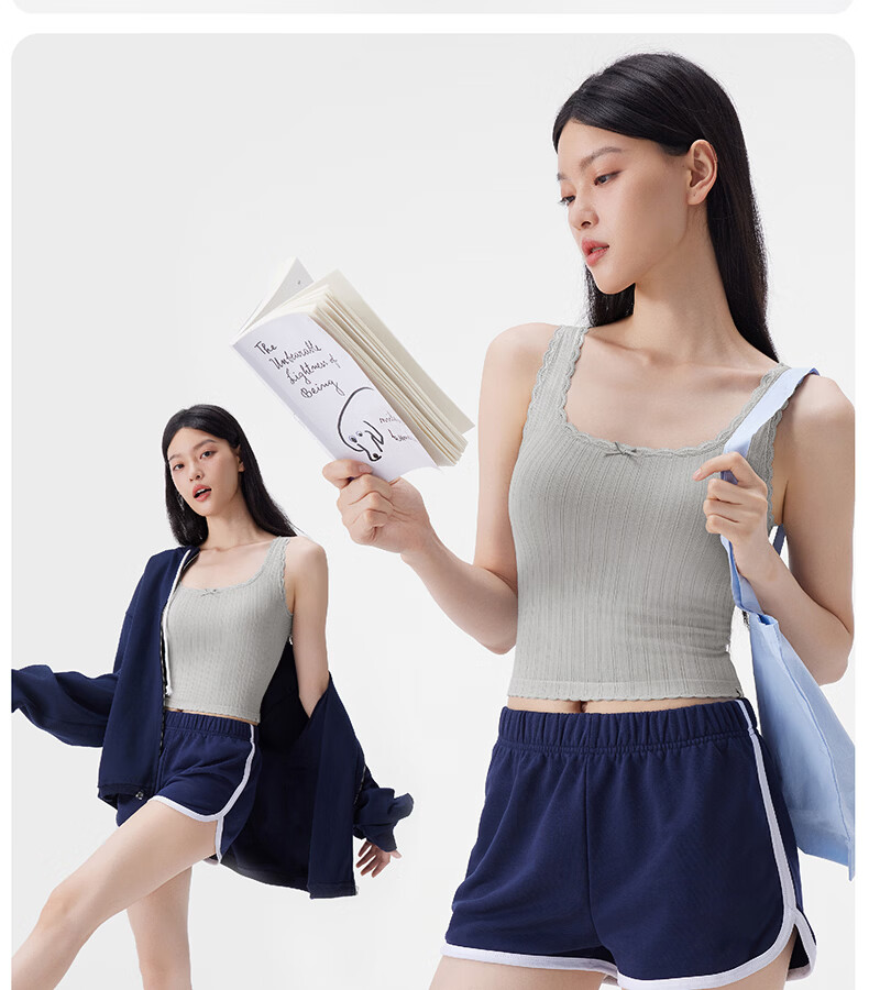 Half Lace Padded Vest Camisole Slim Fit Back Coverage Side Breast Support Bra Integrated Oxygen Blue (Short) M 22