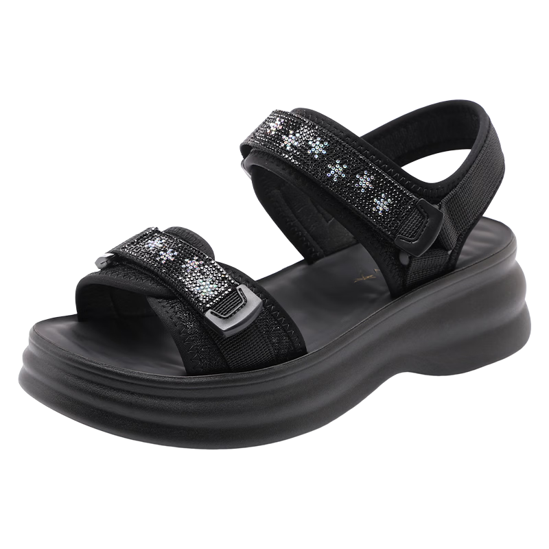 Red Dragonfly Women's Thick Sole Height Increasing Velcro Beach Sandals Lightweight Soft Sole Outdoor Shoes WTK264771 Black Size 36