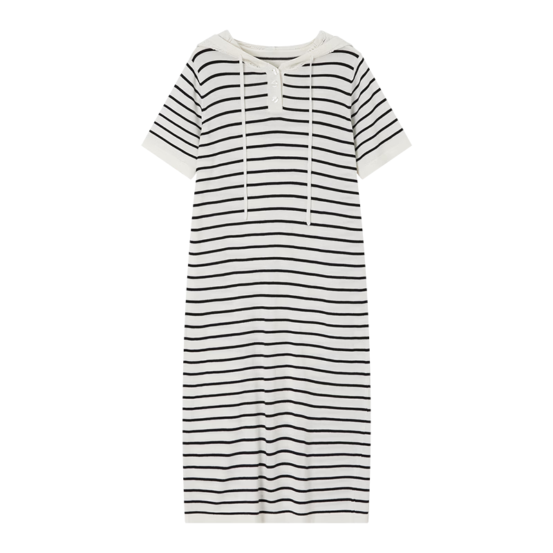 Demana [Wool and Mulberry Silk Blend] Spring Vintage Style Hooded Crochet Stripe Loose Slim Fit Women's Dress