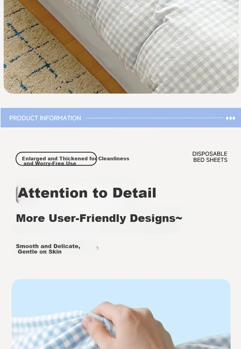 Qihaiqiu Disposable 3-Piece Bedding Set Thickened Sheet Duvet Cover Pillowcase Portable Single Hotel Travel Business Blue Gray Plaid 10
