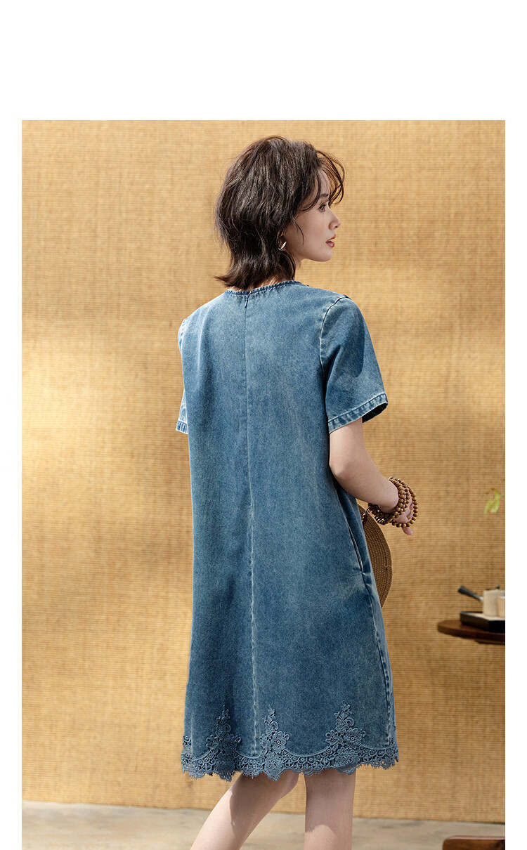 Demana [Denim Cloud Cotton] Spring Design Lace Patchwork Round Neck Petite Loose Women's Denim Dress 11