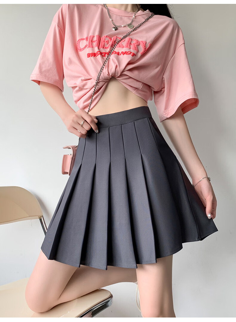 Langsha Pleated Half Skirt for Women Spring Summer Elastic Waist High Waist Slimming JK School Style A-Line Short Skirt with Pockets 21