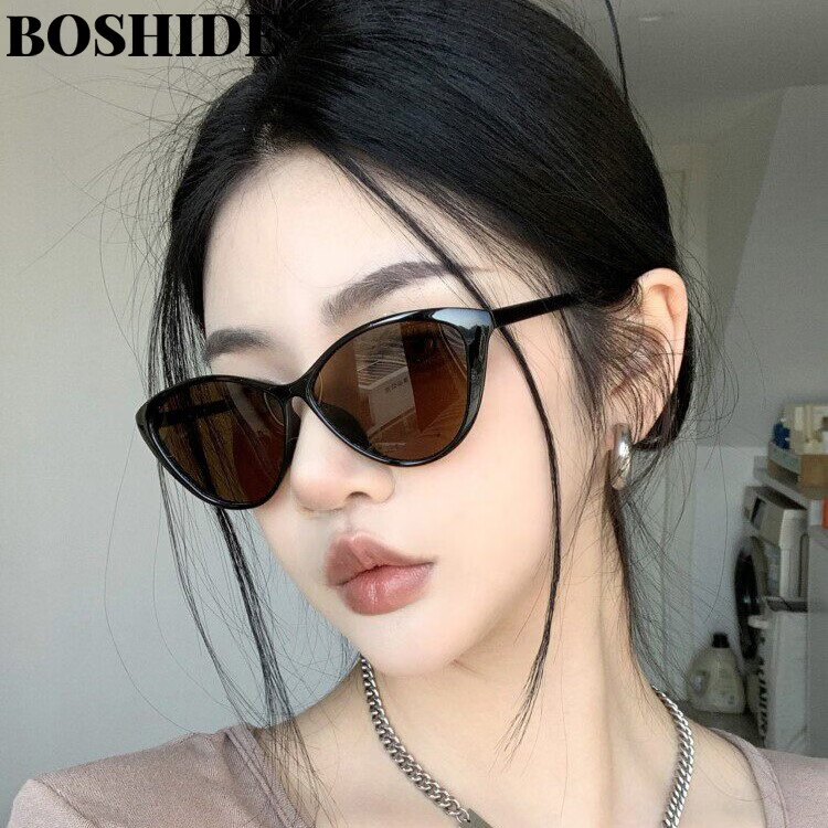 Boshide Cat Eye Sunglasses Retro Black Frame Brown Polarized Sunglasses Slimming for Square and Round Faces Glossy Black Frame Brown Lenses