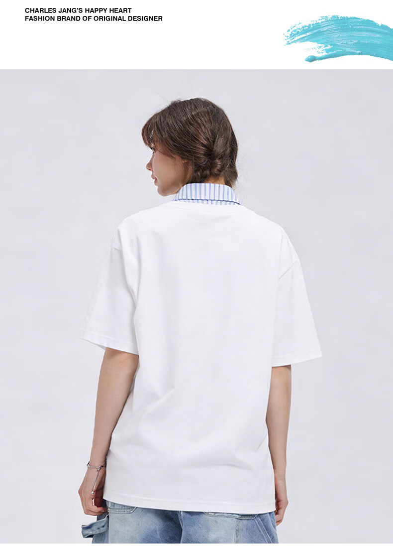 Charles Heart Contrast Collar Couple Pure Cotton Short Sleeve Polo Shirt with Playful Puppy Print Unisex Off-White XS 16