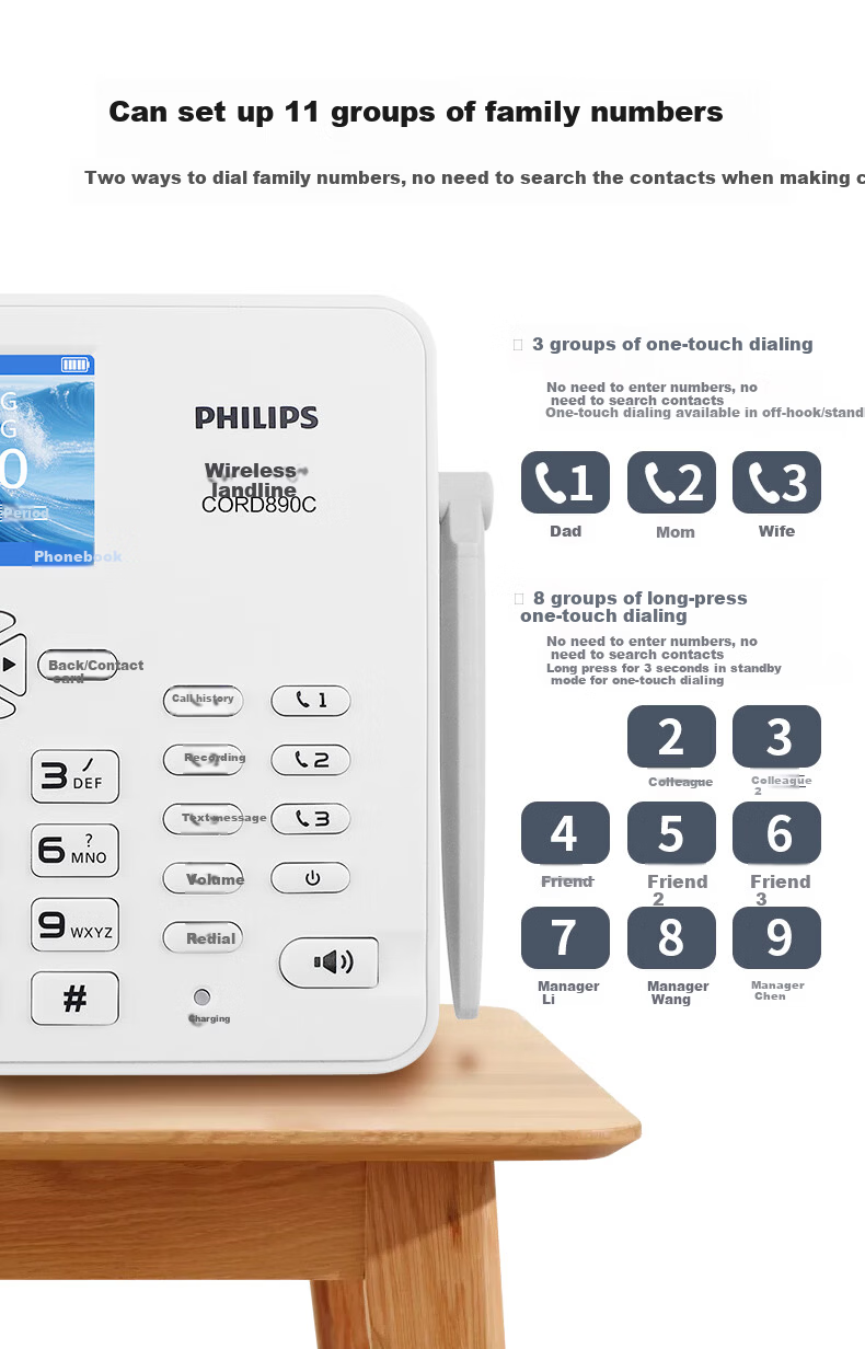 PHILIPS CORD890C All-Network SIM Card Landline Phone Wireless Home Office Fixed Phone with Chinese Menu Supports Mobile Unicom Telecom Broadcasting SIM Card Black 8