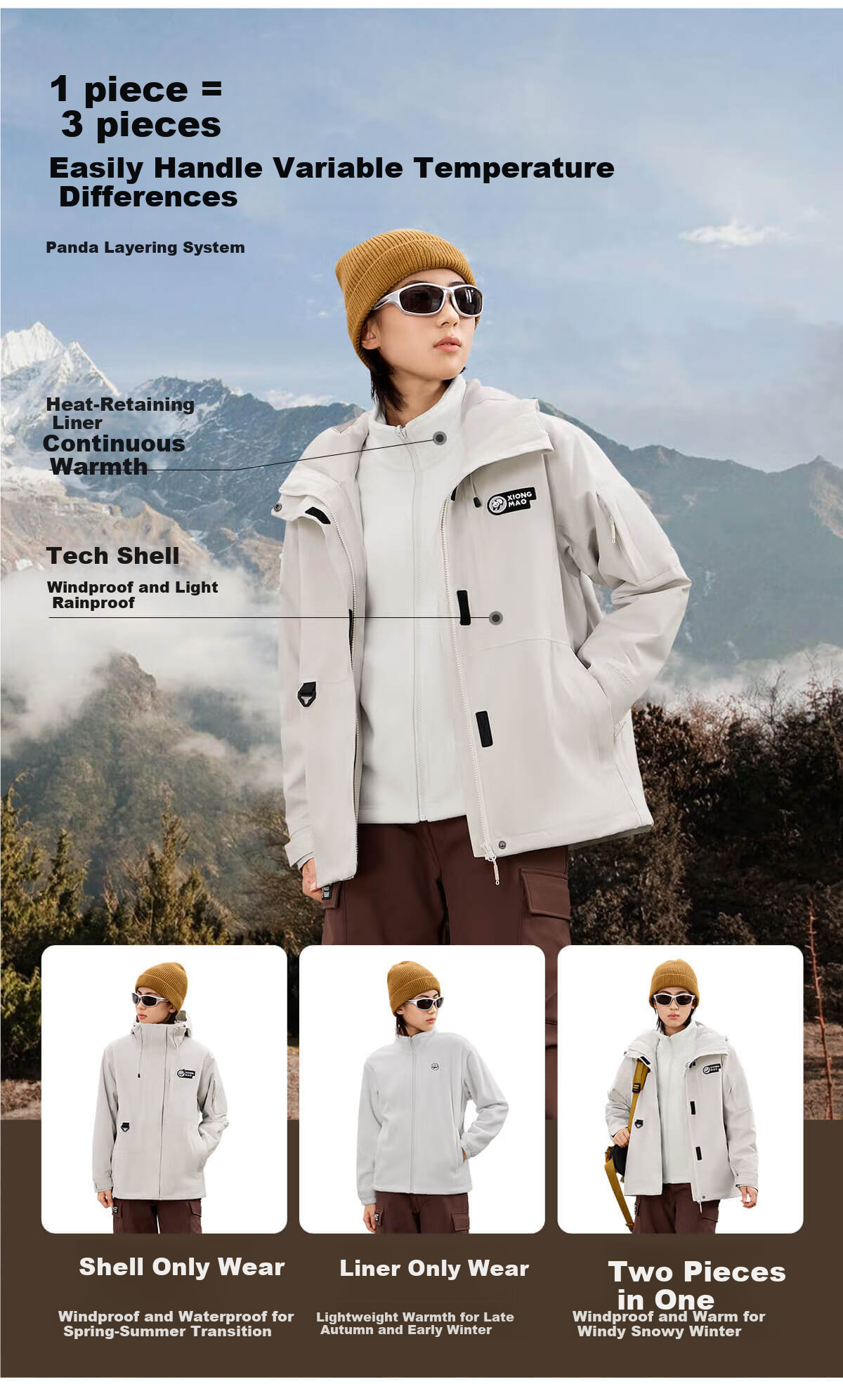 Panda Camel Series Outdoor Three-in-One Waterproof Windproof Thermal Mountaineering Jacket with Down Liner, Men's M 8
