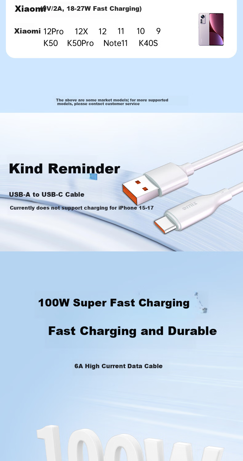 ZIME Data Cable 6A/5A Fast Charging Type-C 100W/66W Charging Cable Compatible with Huawei Mate80 Pro/Pura7060 Xiaomi Oppo Android USB-C Car Charger Cable 3