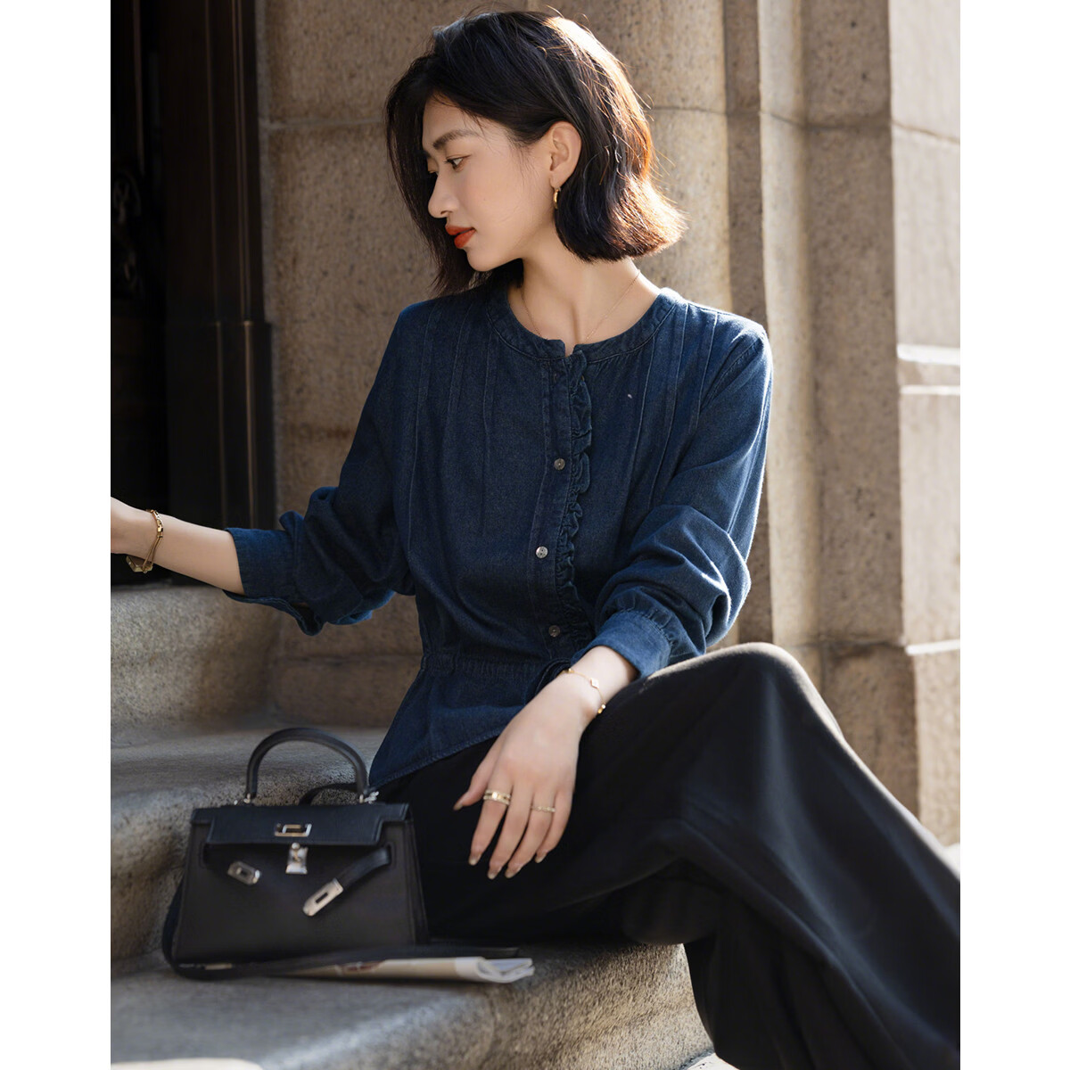 Demana Cloud Cotton 100 Lyocell French Style Round Neck Ruffle Drawstring Denim Shirt for Women Spring Autumn Premium