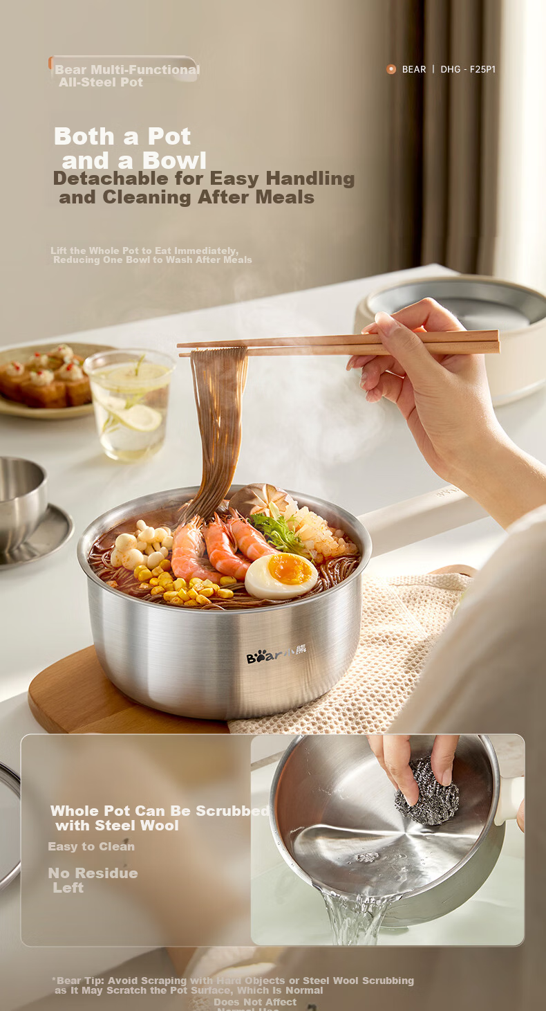 Bear Electric Cooking Pot Small Electric Hot Pot Electric Stew Pot Steamer 2-3 Person Household 316L Stainless Steel with Steamer Basket 2.5L F25P1 16